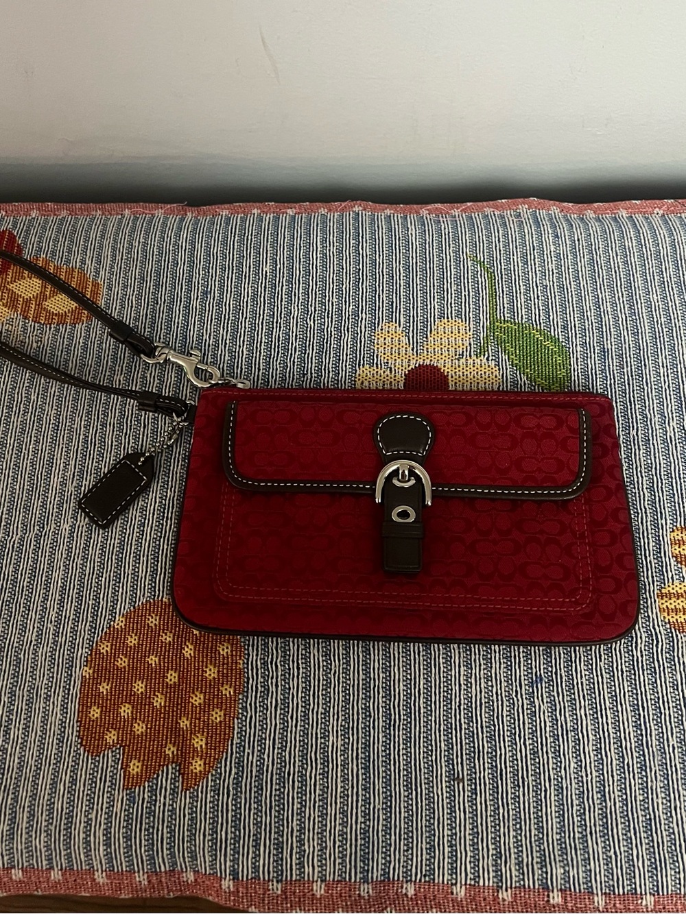 Coach Red Signature Jacquard Wristlet with Leather Trim
